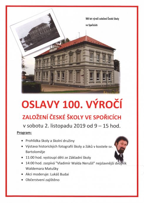 Pozvánka na 100. výročí založení školy ve Spořicích