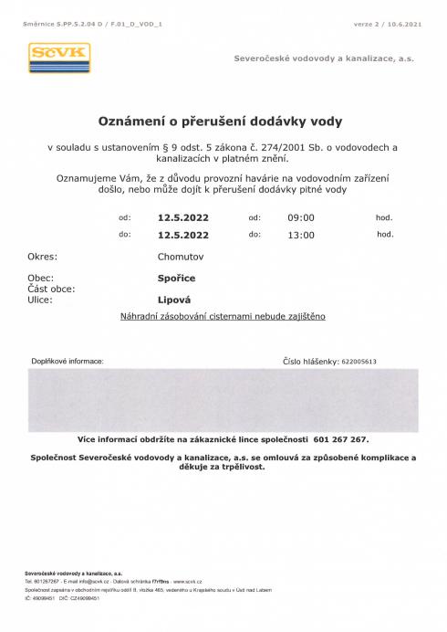 Oznámení o přerušení dodávky vody 
