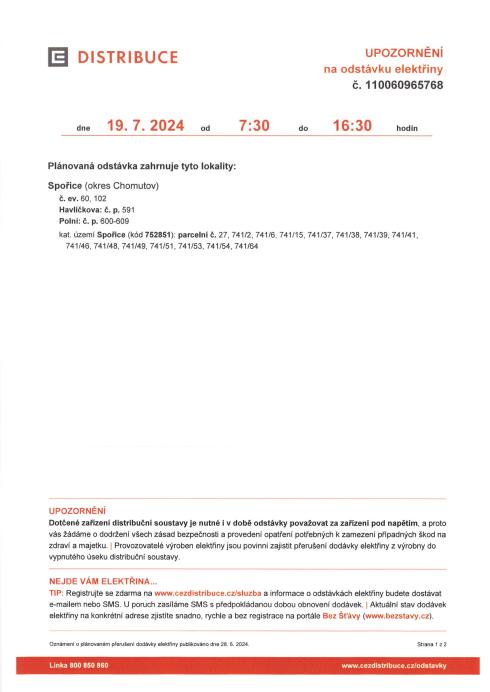 Odstávka elektřiny 19.7.2024