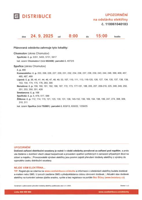 Oznámení o přerušení elektřiny 