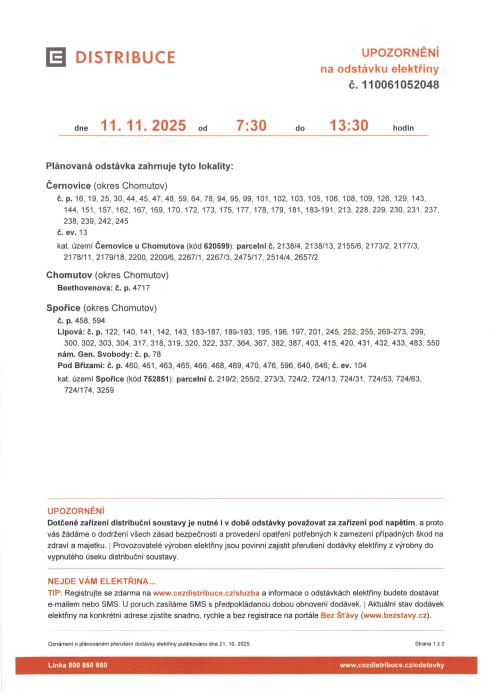 Oznámení o přerušení elektřiny 