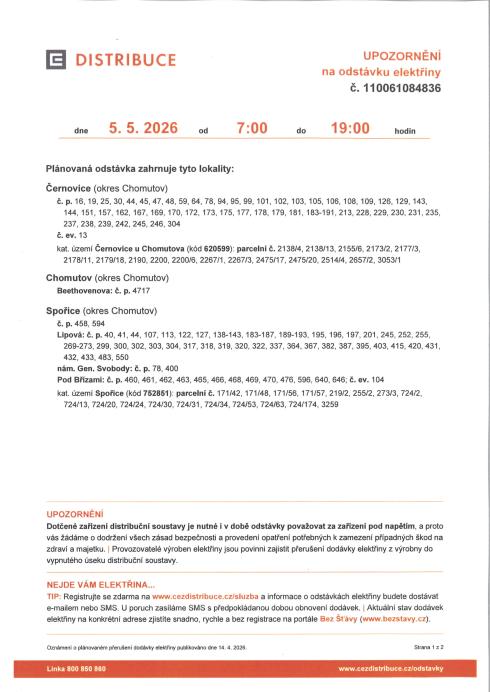 Oznámení o&nbsp;přerušení elektřiny 