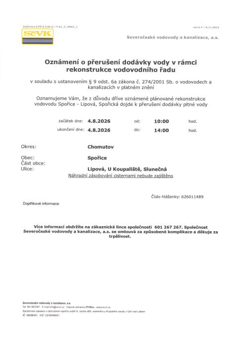 Oznámení o přerušení vody