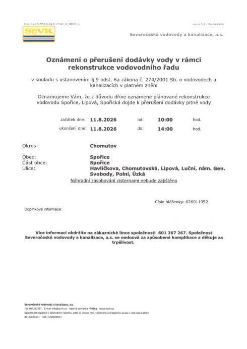 Oznámení o&nbsp;přerušení dodávky vody